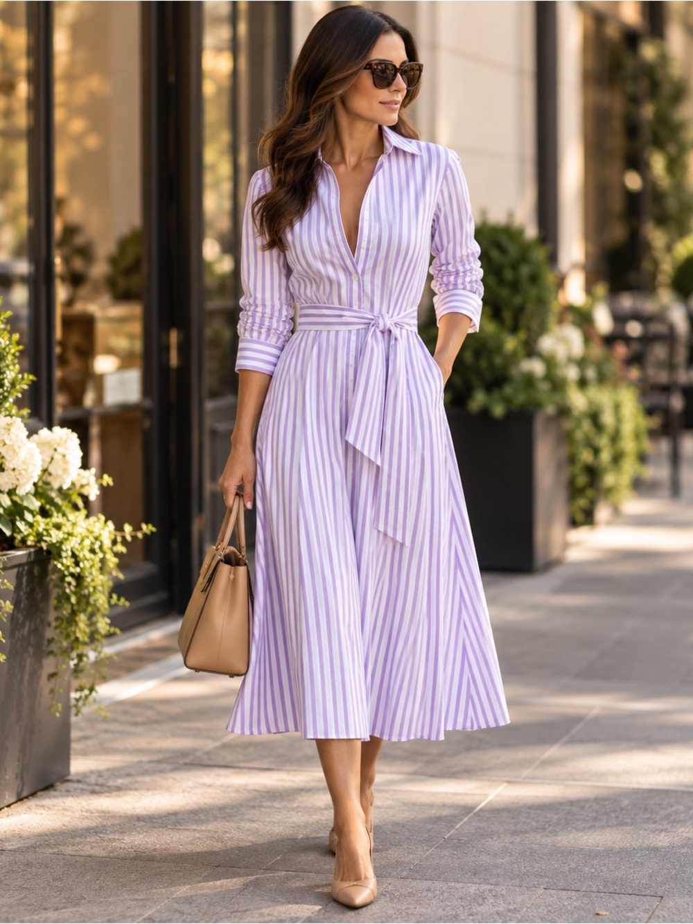 Polo Ralph Lauren Belted Striped Cotton Shirtdress White Purple Size 8 NWT